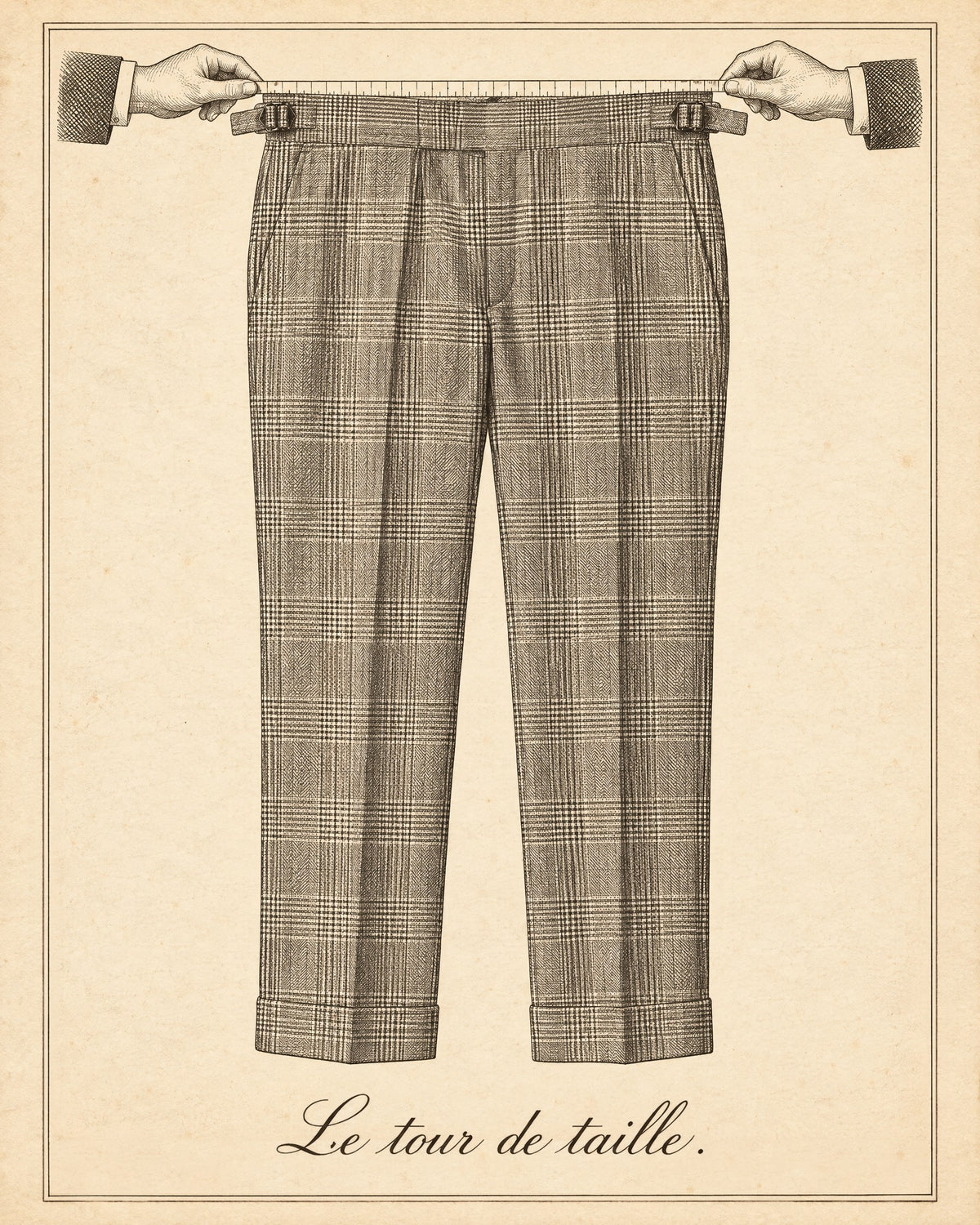 The waist: measuring Prince of Wales check trousers laid flat