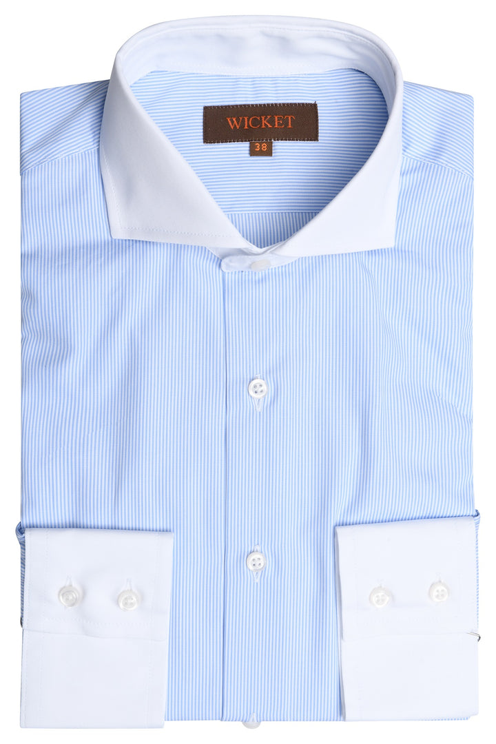 The Cotton Poplin – Fine sky blue stripes with white collar – WICKET