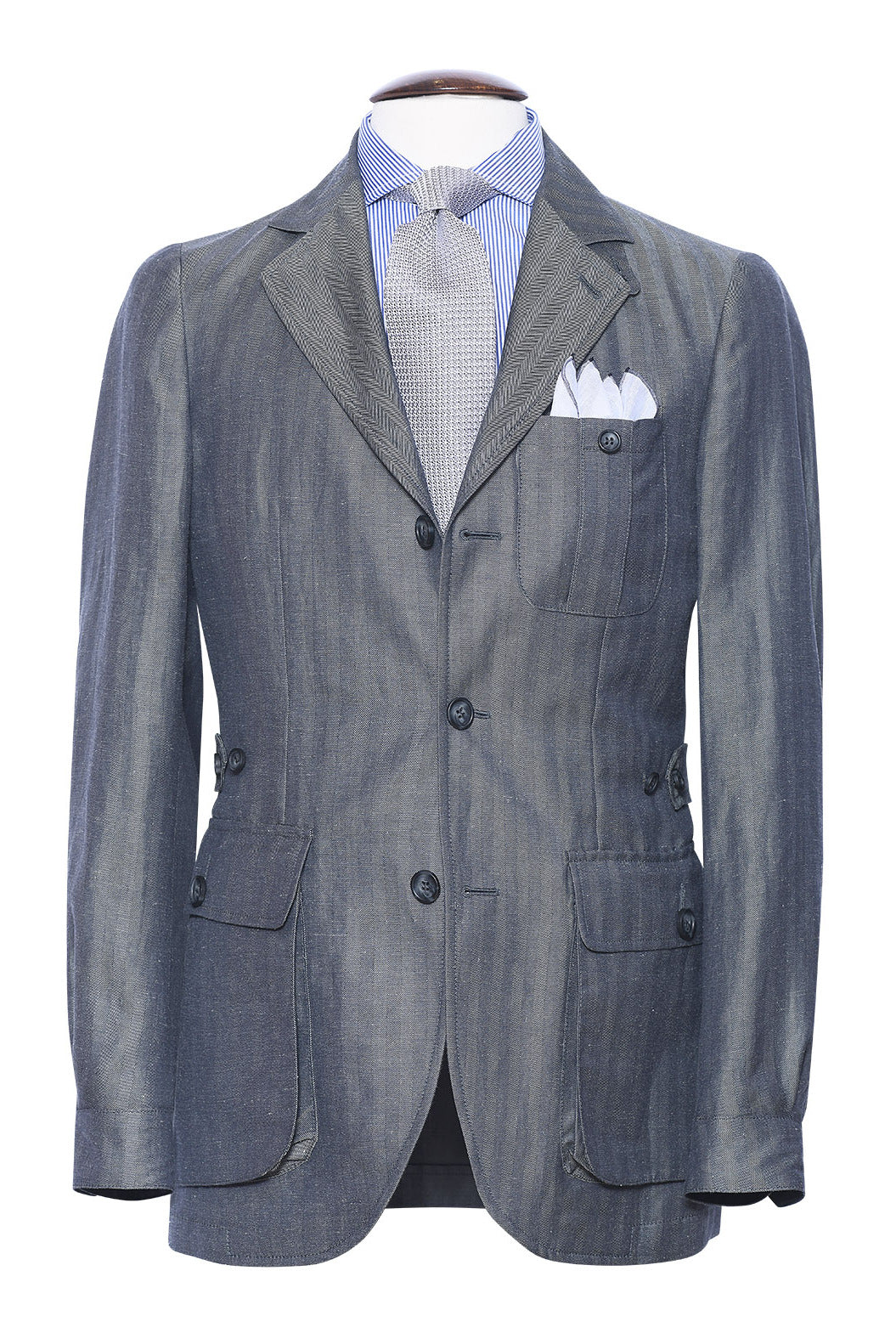 The Safari Jacket – linen and silk, light grey and charcoal herringbone pattern – WICKET