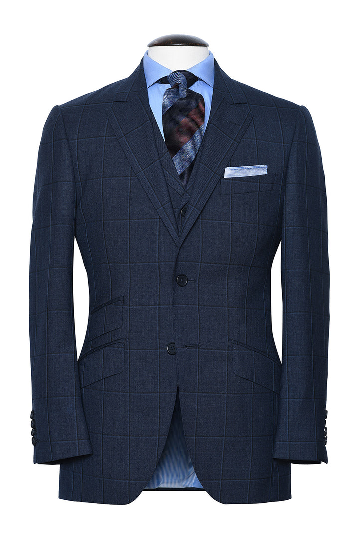 Le Kensington – Sublime blue with a black overcheck, 120’s virgin wool – WICKET