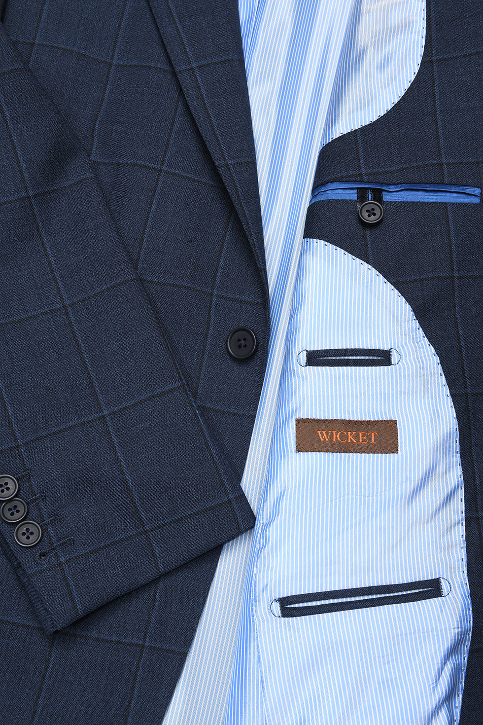 Le Kensington – Sublime blue with a black overcheck, 120’s virgin wool – WICKET