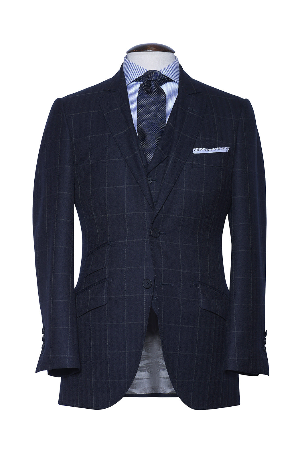 Le Kensington – Navy herringbone with a white overcheck, worsted wool – WICKET