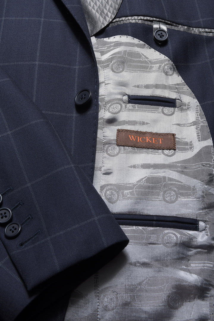 Le Kensington – Navy herringbone with a white overcheck, worsted wool – WICKET