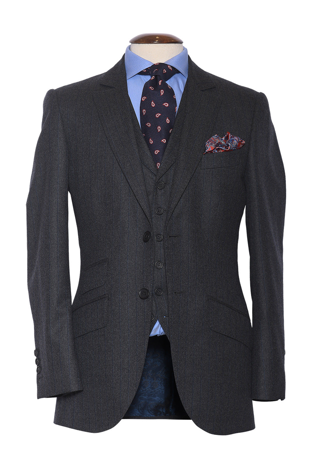 Le Kensington – Super 120 wool flannel, deep grey with navy stripes – WICKET