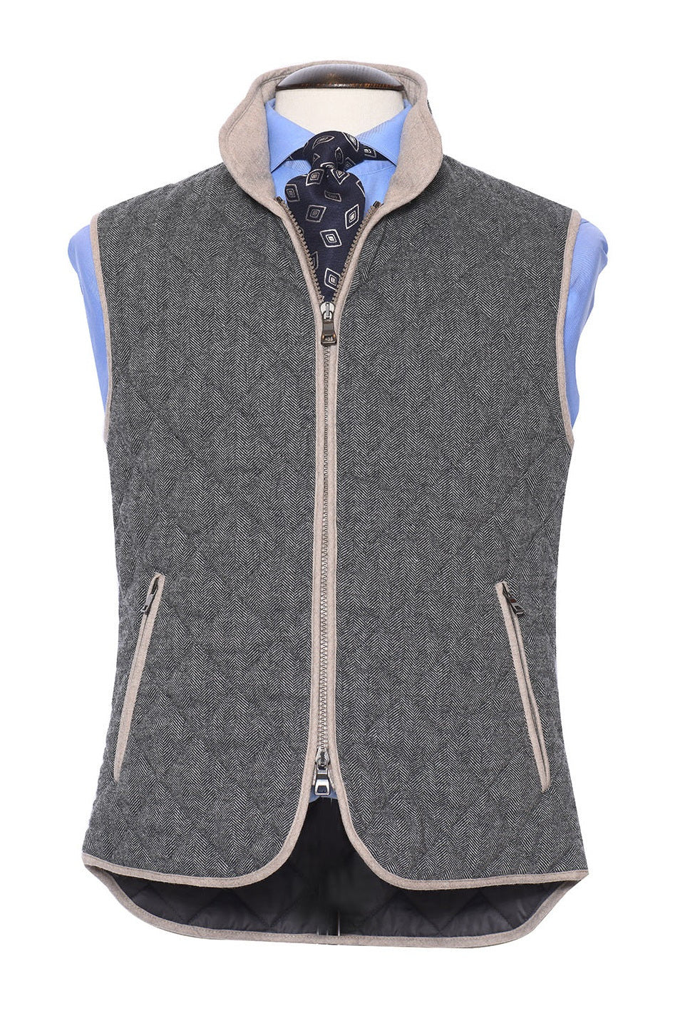 The Quilted Gilet – Grey herringbone virgin wool (340 g), by Lanificio Di Pray – WICKET